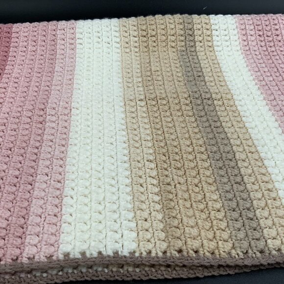 Vintage Afghan Hand Crocheted Infant Blanket 34 1/2" x 29" Mauve Tan Cream Pink - Picture 5 of 8